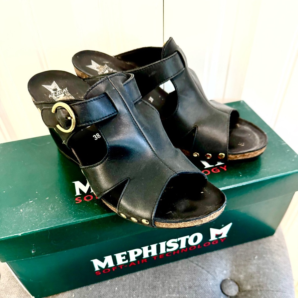 Mephisto Black Wedge Mule Sandals with Stud design. Very Comfortable in